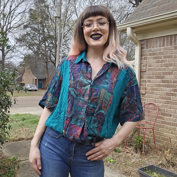 Dena Lauren Tops - 90's Vintage Dena Lauren Teal Button Up Collared Funky Shirt